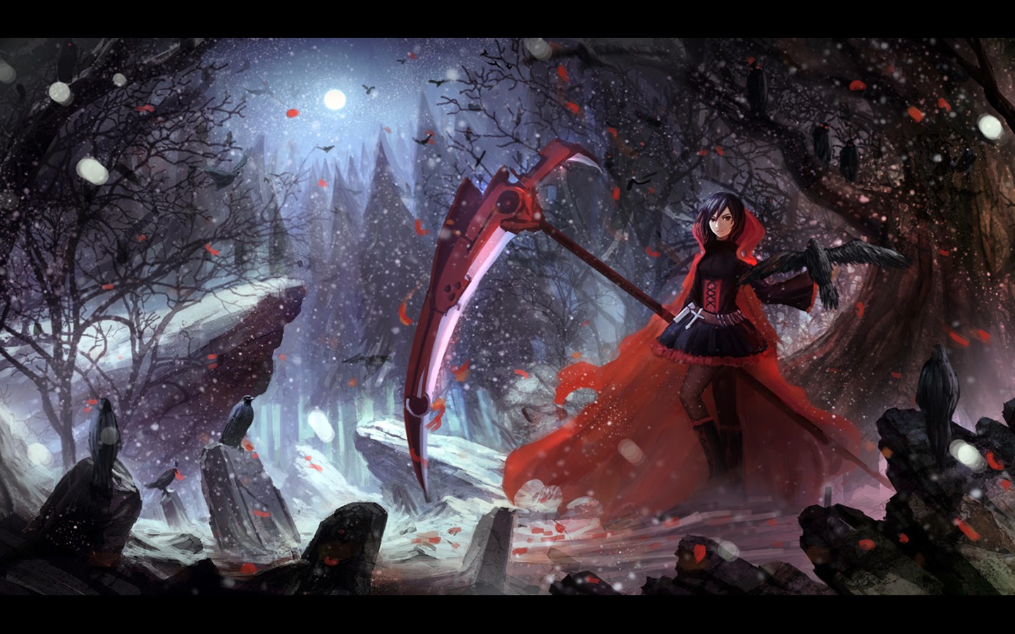 Ruby Rose Rwby High Caliber Sniper Scythe Weapon Night Snowing Forest