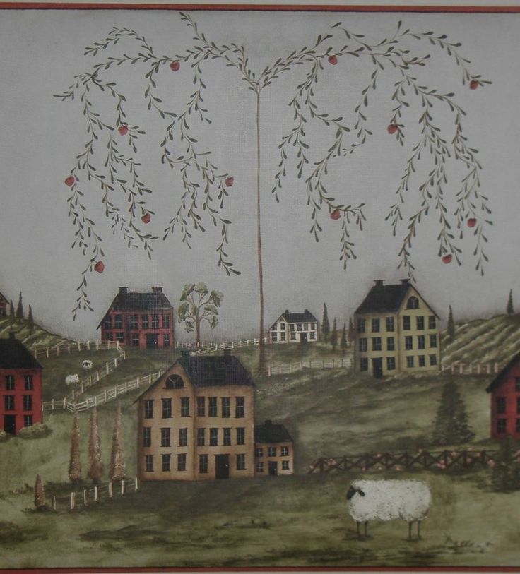 Country Saltbox Houses Sheep Tree Berry Wallpaper Border Tall