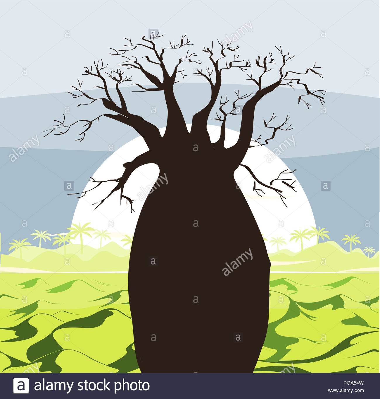 Baobab Tree Landscape With Green Hills And Sun Silhouette