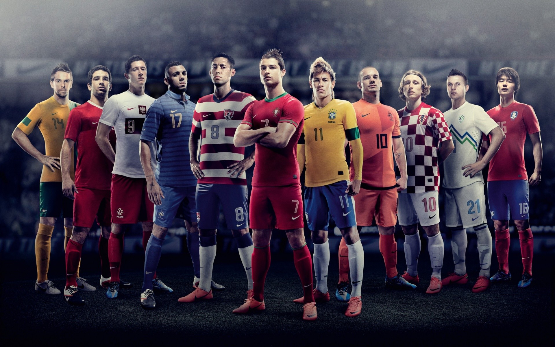 Group of soccer players in national team jerseys, posing for a Nike advertisement