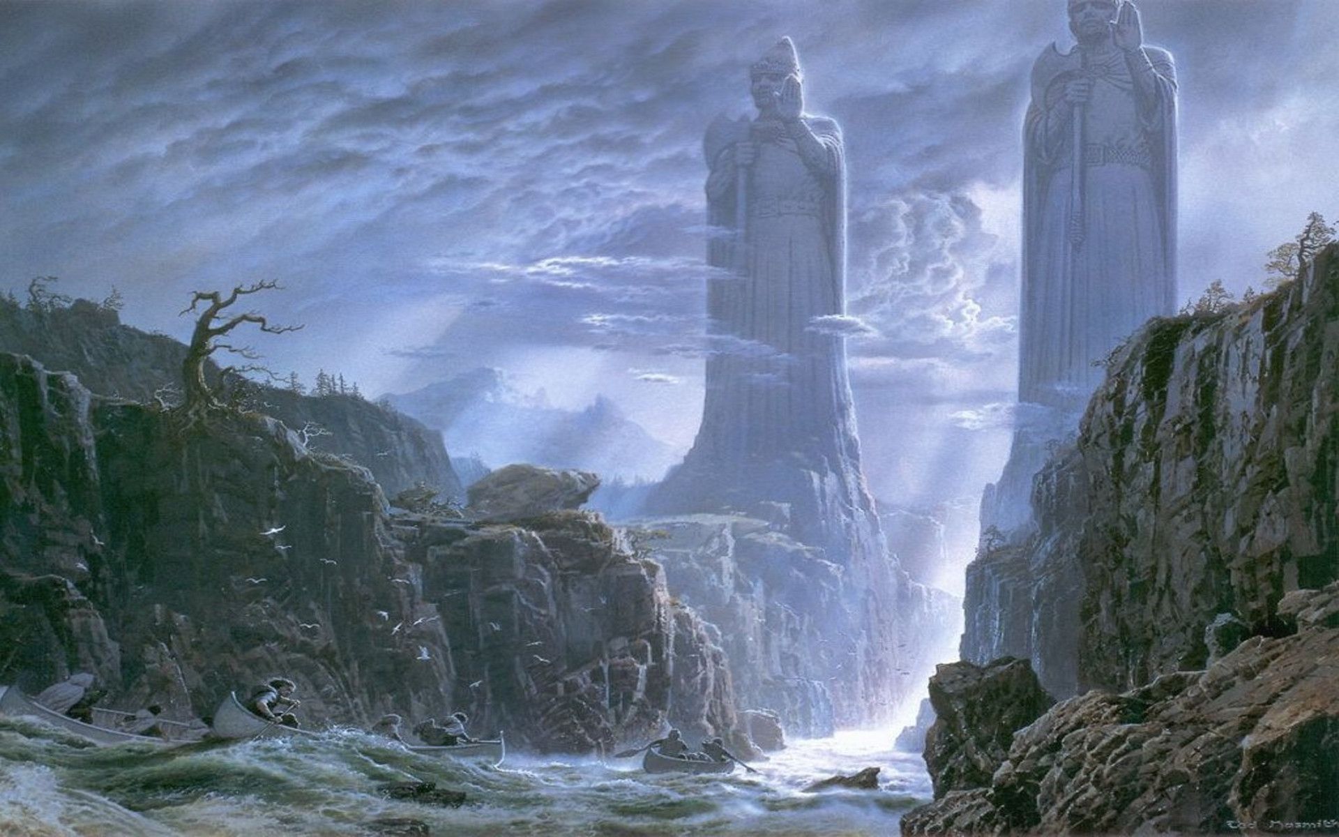 The Argonath, two towering statues guarding the entrance to Gondor, stand sentinel as boats navigate the turbulent waters below in this Lord of the Rings wallpaper