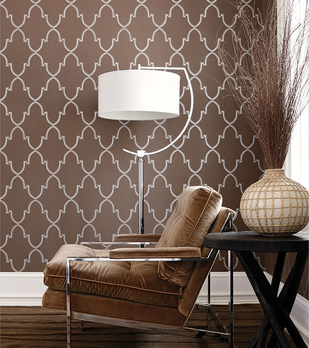Modern wallpaper Metallic brown geometric print brown velvet chair