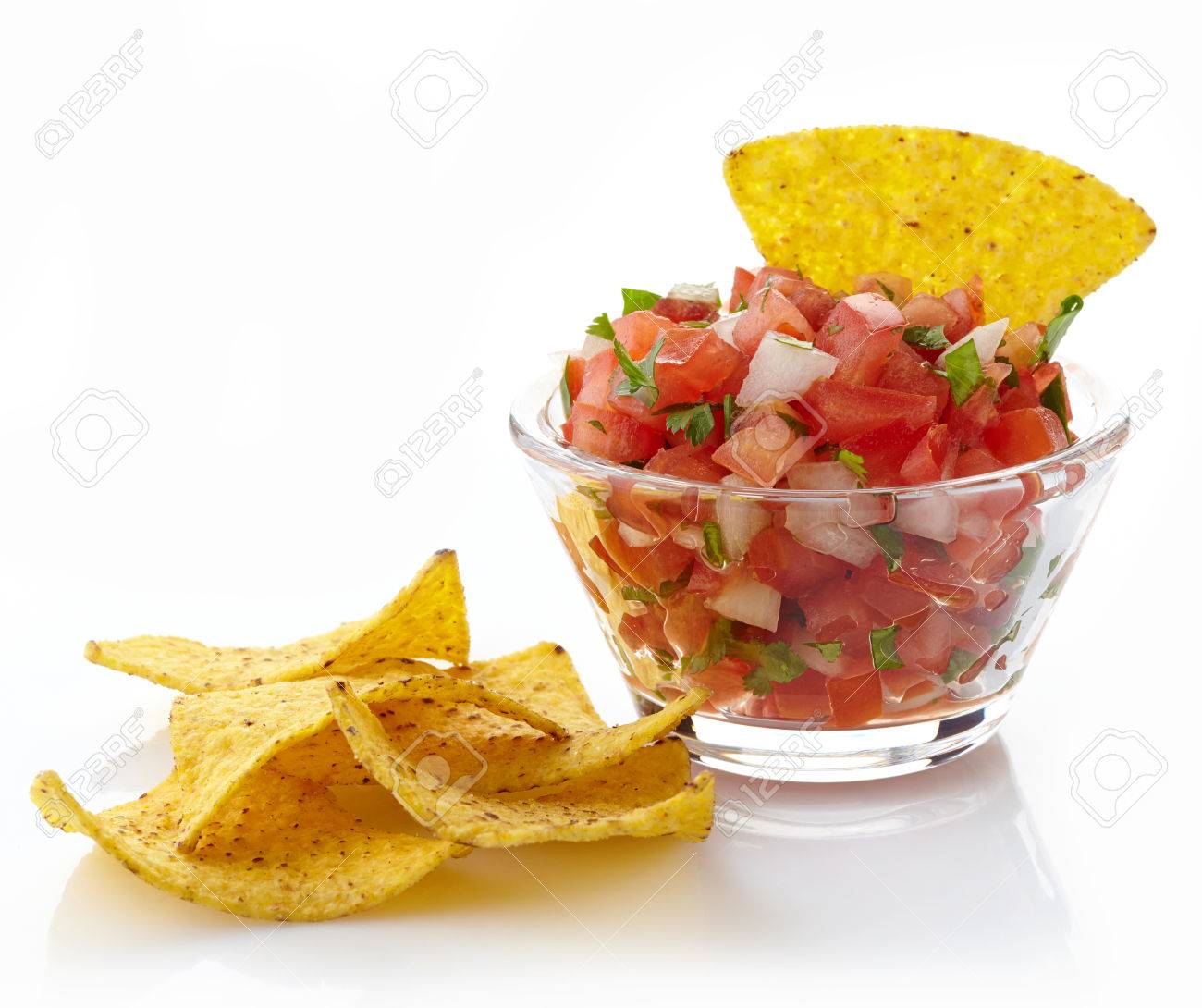Bowl Of Salsa Dip And Nachos Isolated On White Background Stock