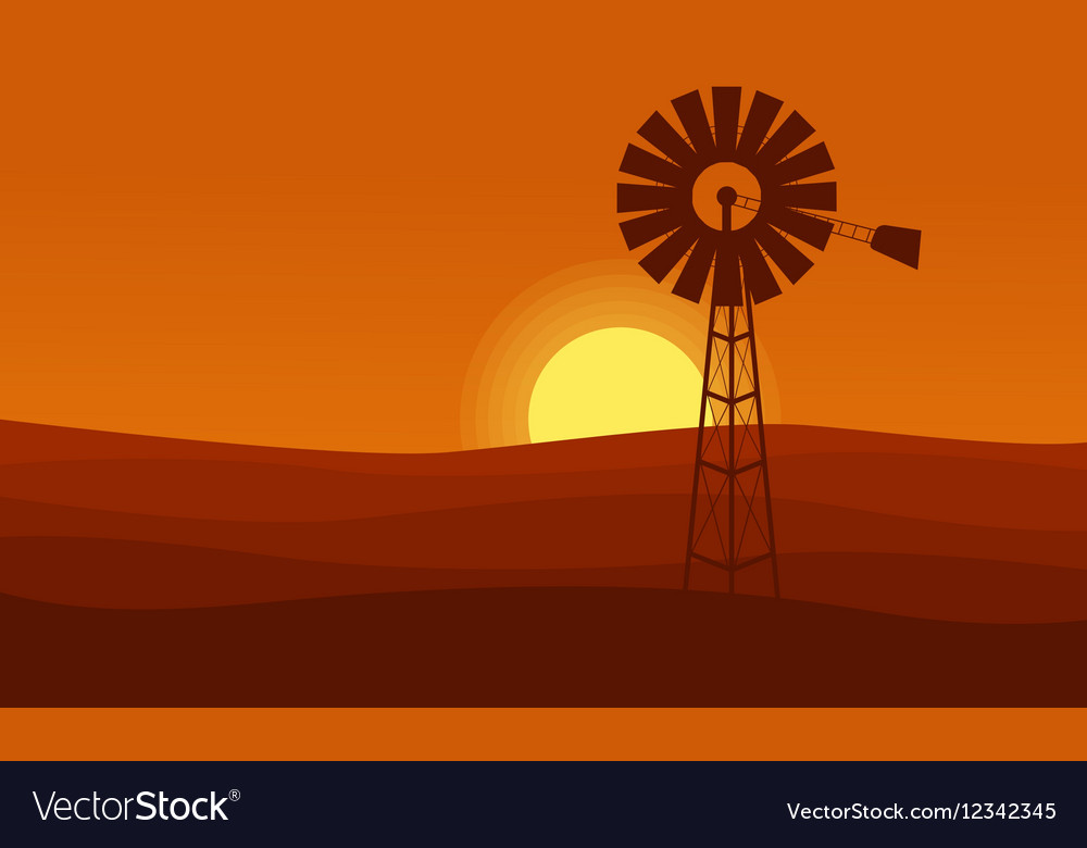 Windmill On Desert Scenery Orange Background Vector Image
