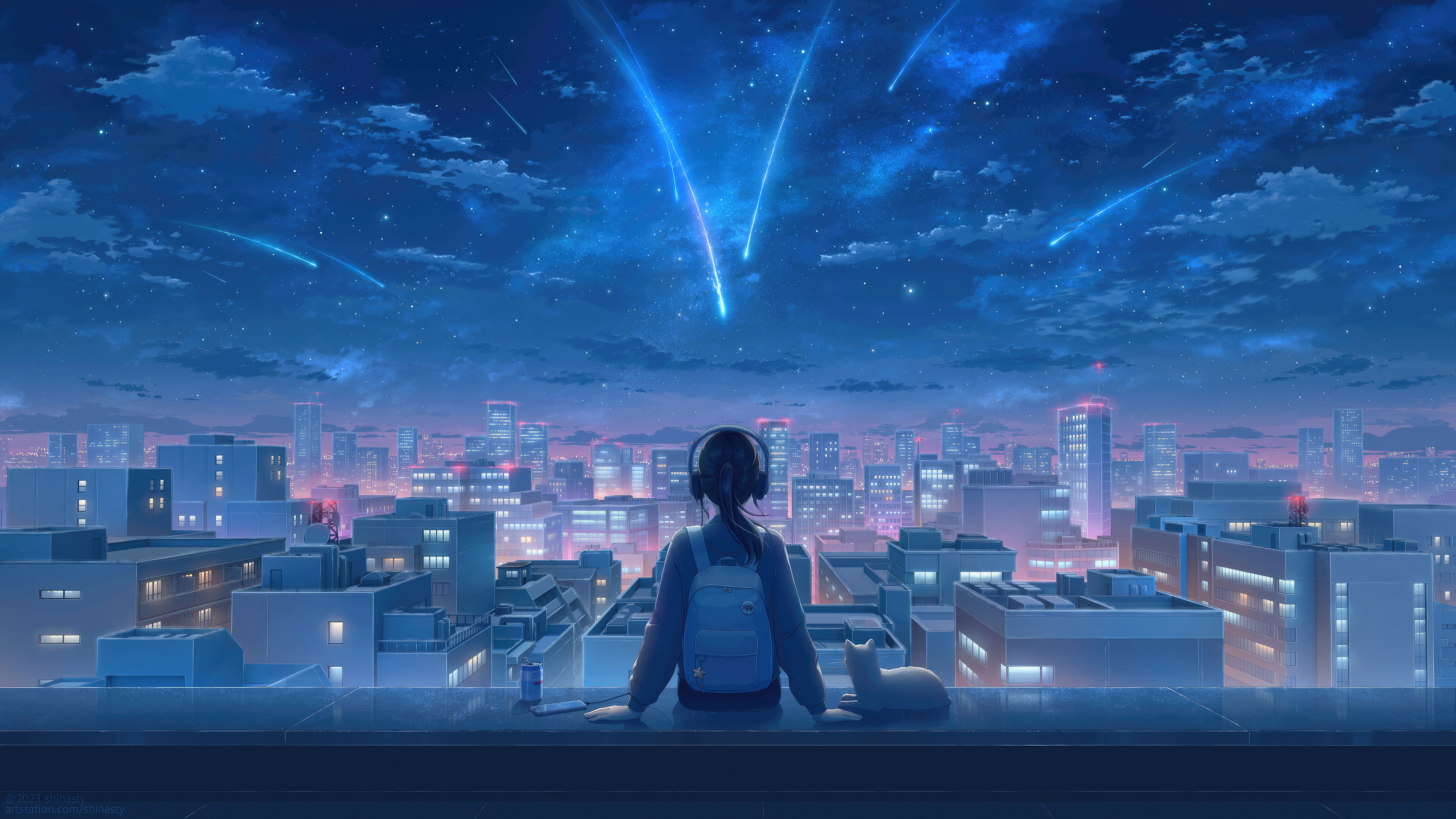 Anime girl watching meteor shower over city at night, 4k wallpaper