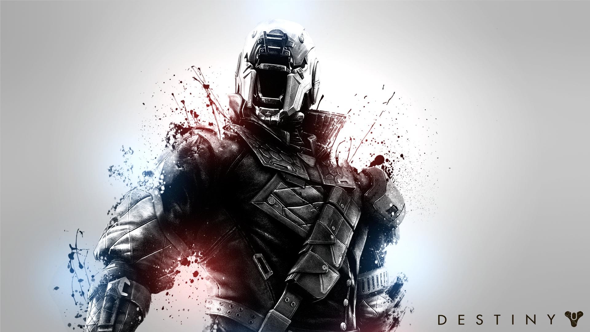 A Hunter from the video game Destiny in a dynamic pose, splattered with paint-like effects, against a light gray background.  The Destiny logo is present in the bottom right corner