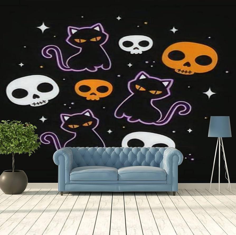 Modern 3d Halloween With Cute Black Cats And Funny Skulls On Dark