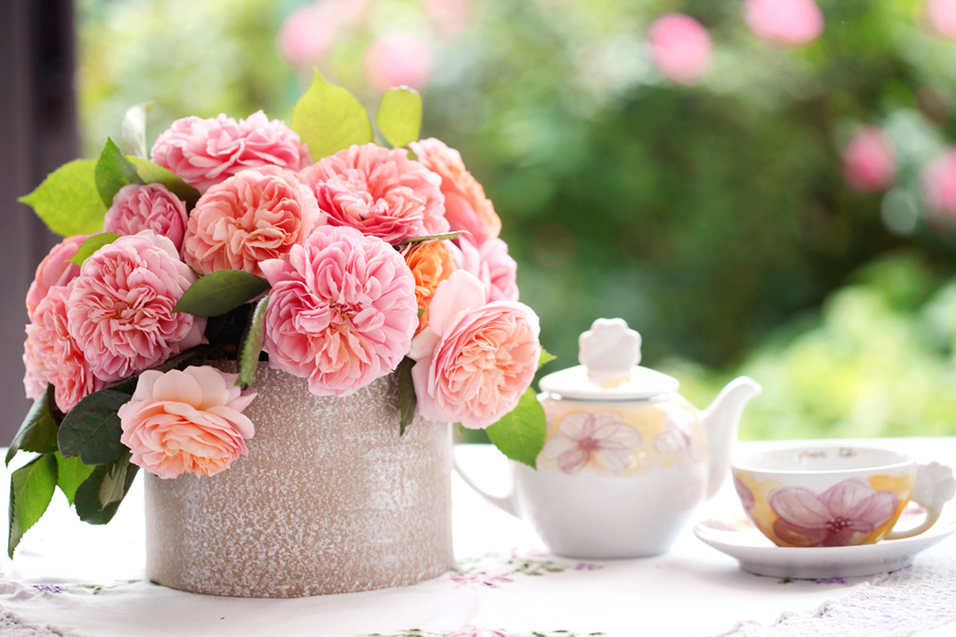 Morning Teapot Pink Rose Blurring Flower Bokeh HD Wallpaper