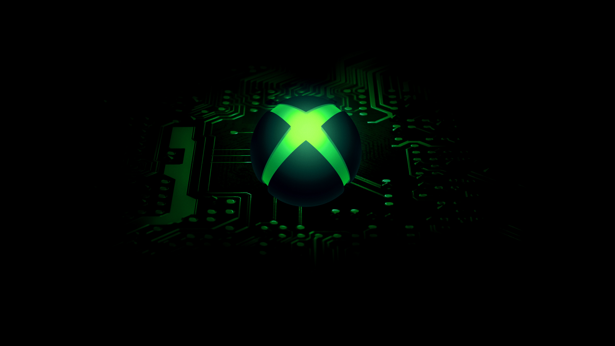 A glowing Xbox logo on a dark circuit board background