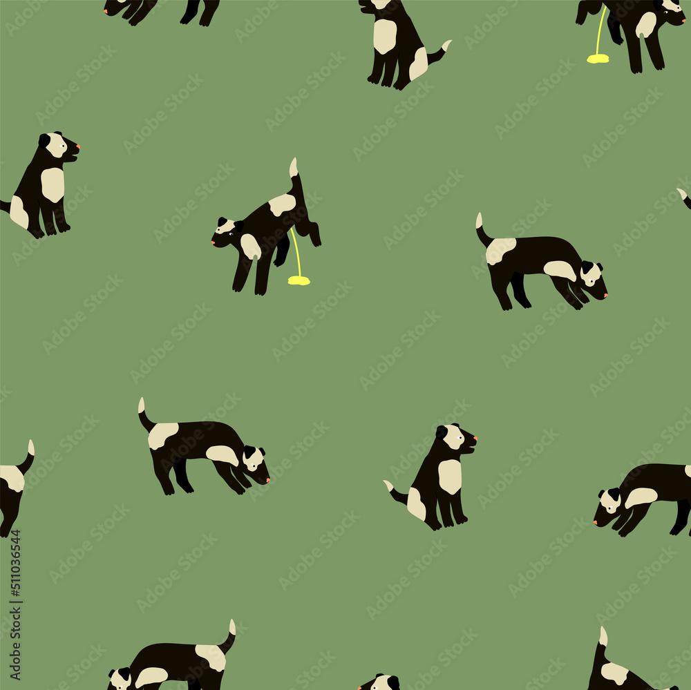 Cute Funny Seamless Pattern With Black And White Pissing Dog On
