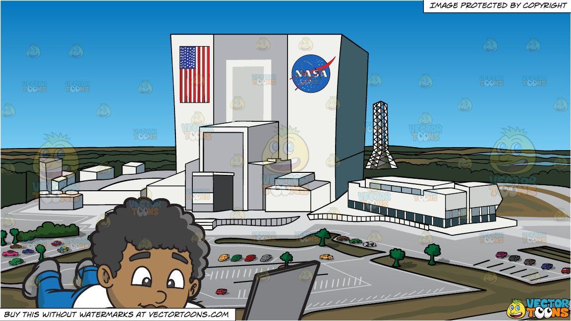 A Black Boy Using Laptop And Nasa Headquarters Background