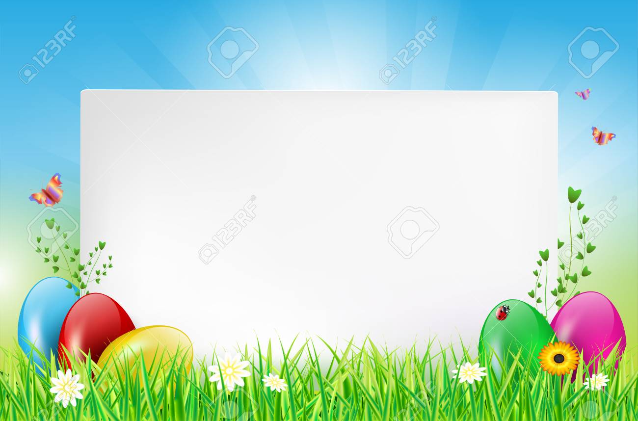 Easter Background With Paper Card Eggs Grass Ladybug