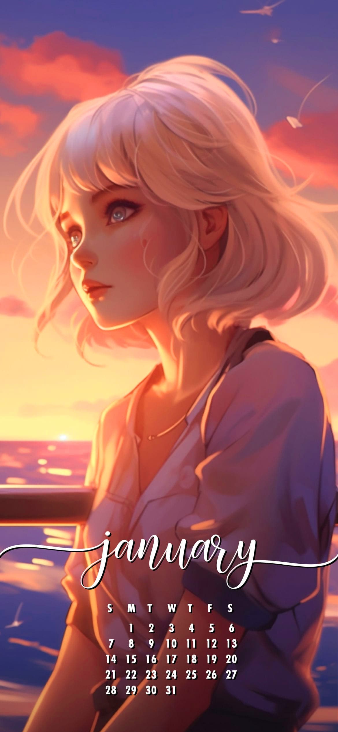 An aesthetic January 2024 calendar wallpaper featuring an anime girl with white hair gazing at a sunset over the sea
