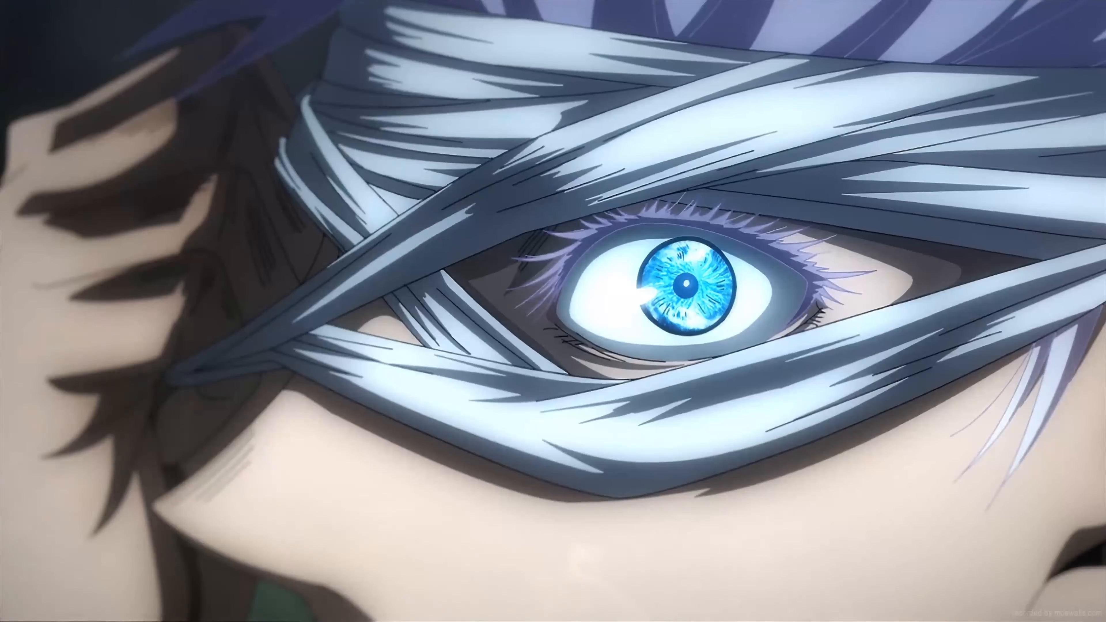 Close-up of an anime character's eye, partially obscured by bandages, with a vibrant blue iris