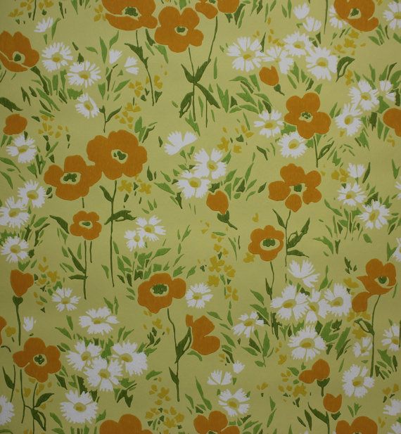 S Vintage Wallpaper Orange Poppies And White Flowers On Yellow
