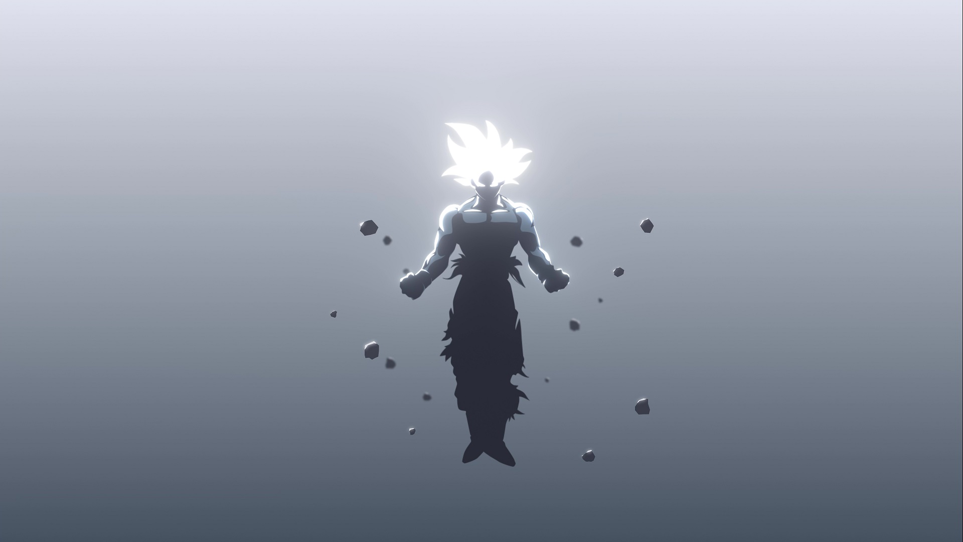Silhouette of Goku with glowing hair against a light grey background, floating amongst dark grey particles, evoking a sense of power and serenity. Suitable for a 4k live wallpaper