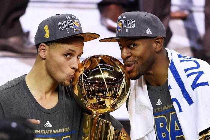 Steph Curry Andre Iguodala Celebrate With Trophy After Golden State