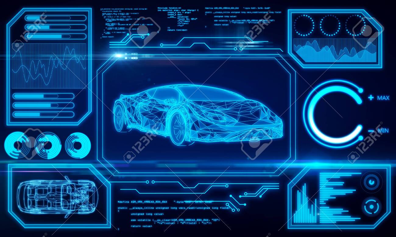 Abstract Glowing Car Hologram Interface On Dark Blue Background