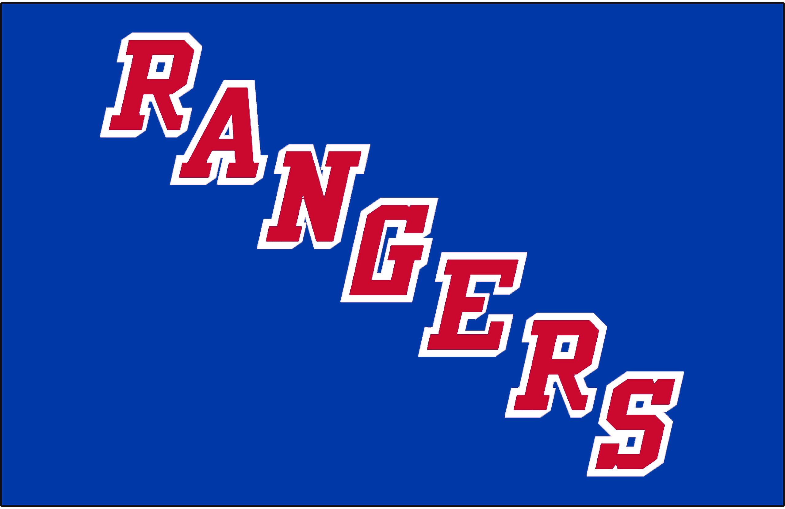 New York Rangers Diagonal Wordmark Logo on a Royal Blue Background