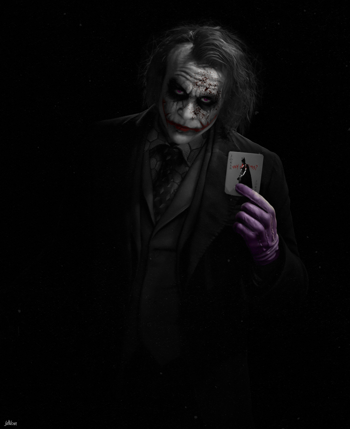 A chilling grayscale portrait of the Joker from The Dark Knight, holding a Joker playing card with Batman's silhouette, against a dark backdrop