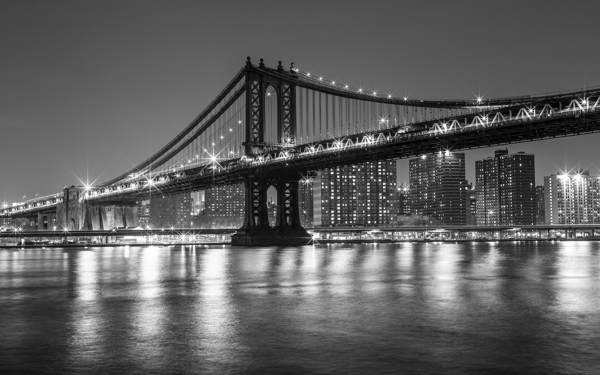 New York Buildings Bw Night Lights Reflection Wallpaper Background