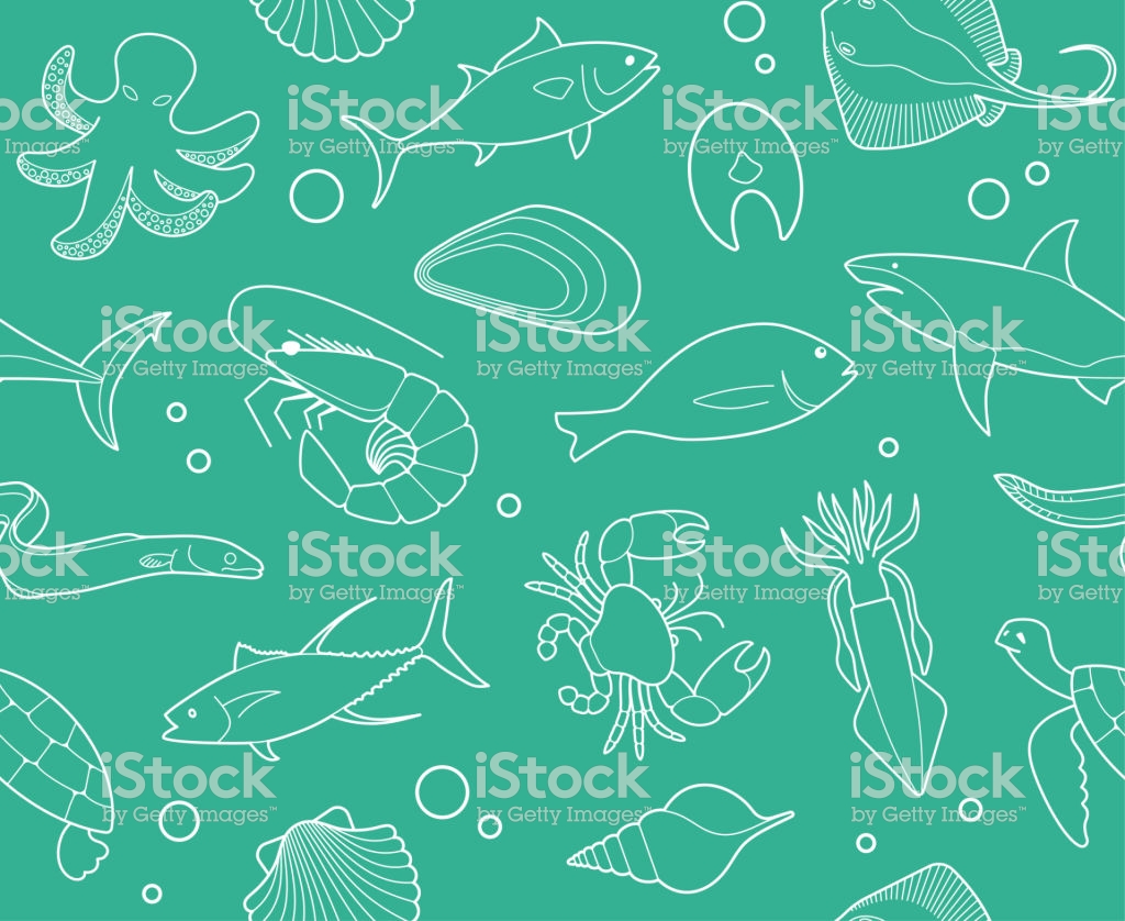 Seamless Background With Outline Pictures Of Seafood Stock Vector