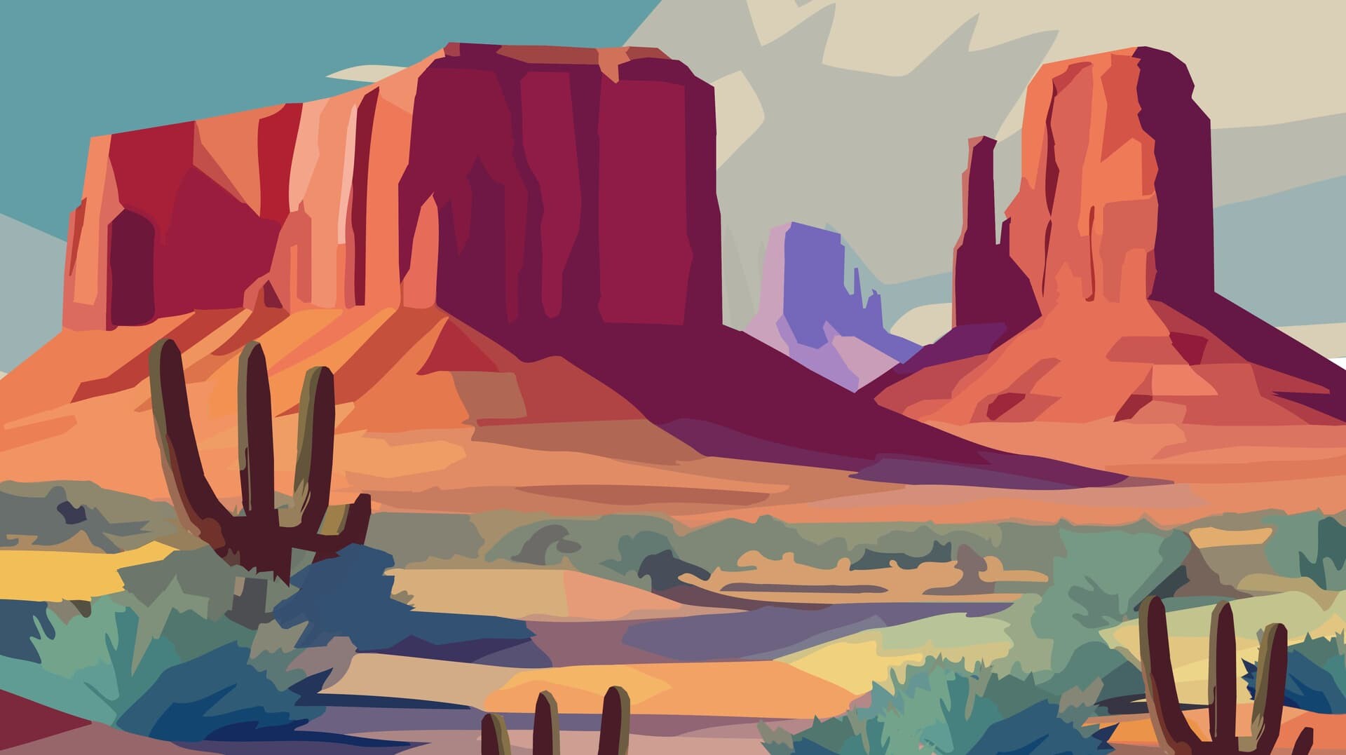 A stylized illustration of Monument Valley, featuring the iconic sandstone buttes and desert landscape