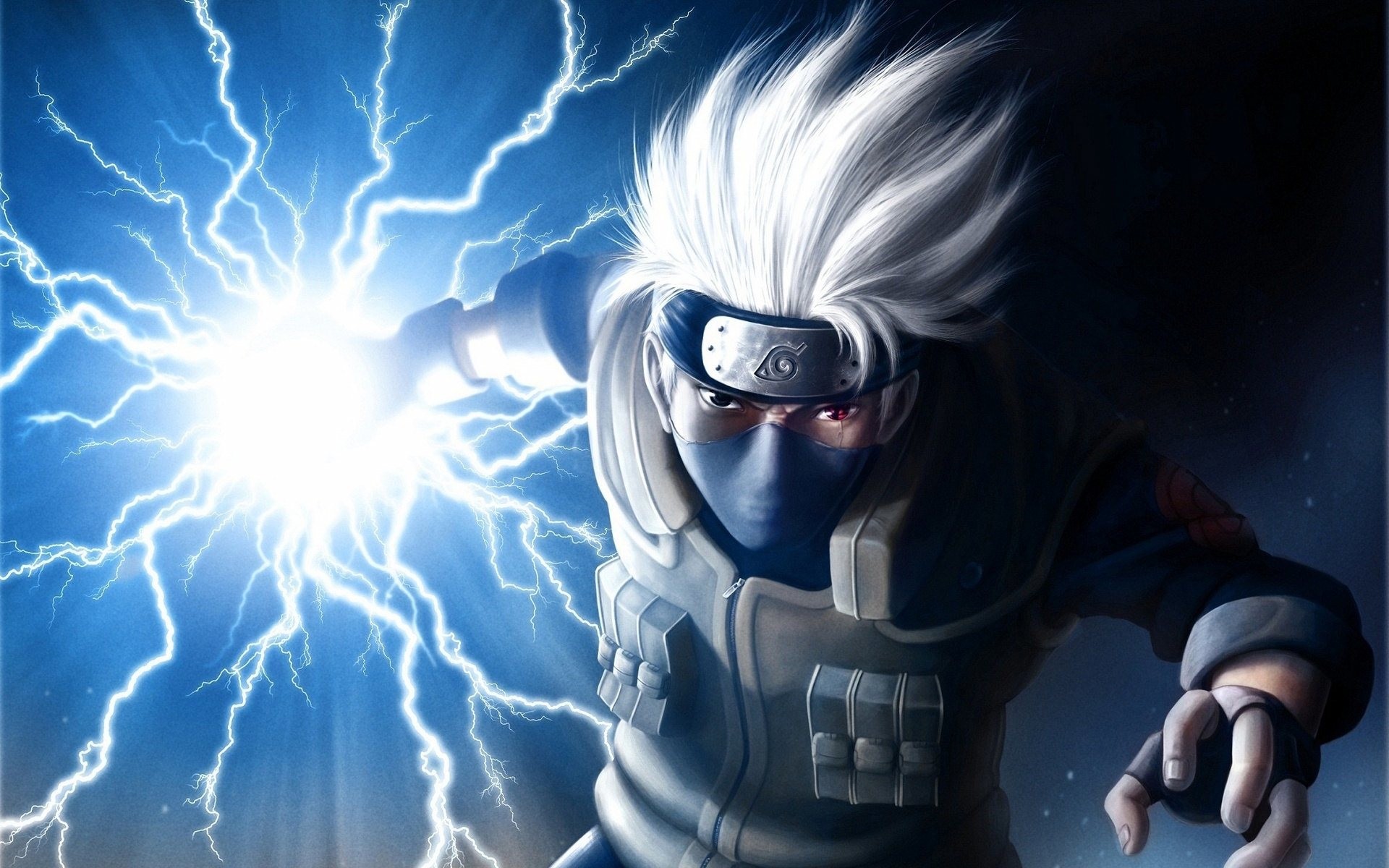 Anime character with spiky white hair and a blue mask, wielding lightning energy in a dynamic action pose against a vibrant blue and black background