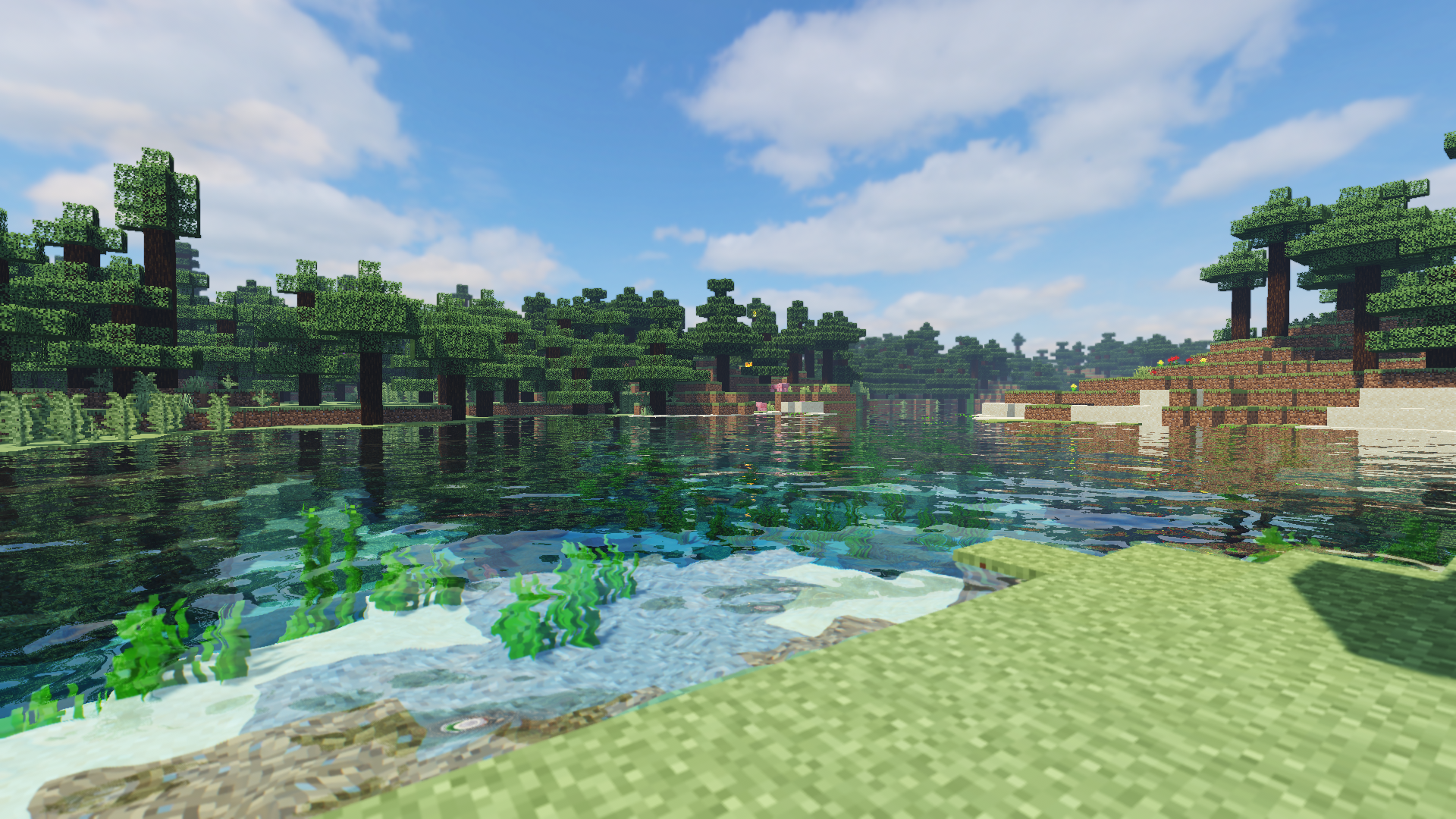 Minecraft Plains Shaders Trees Forest Water Lake Wallpaper