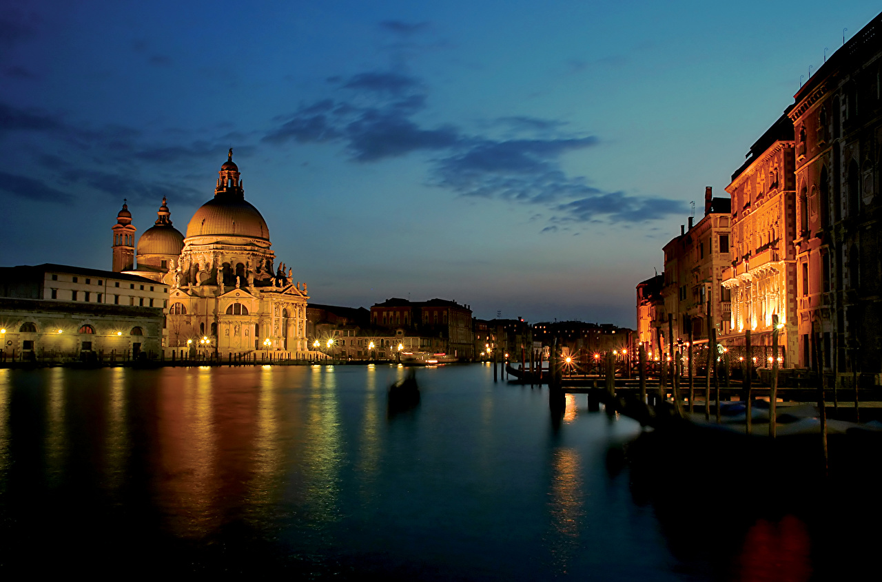 Photo Venice Italy Canal Night Time Cities