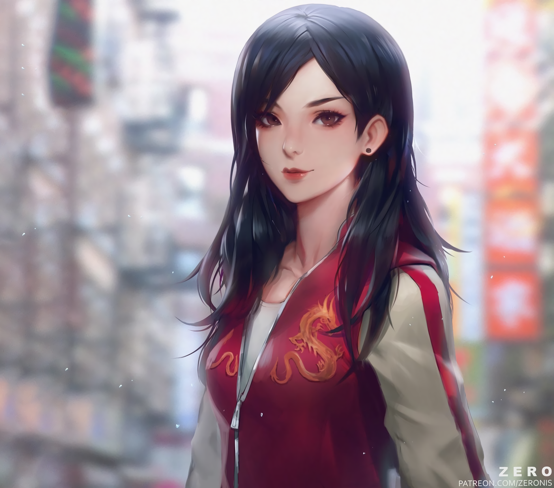 A digital art portrait of Mulan, the Disney princess, in a modern-day outfit. She wears a red and white jacket with a golden dragon embroidered on it. Her long black hair flows down, and she has a determined expression