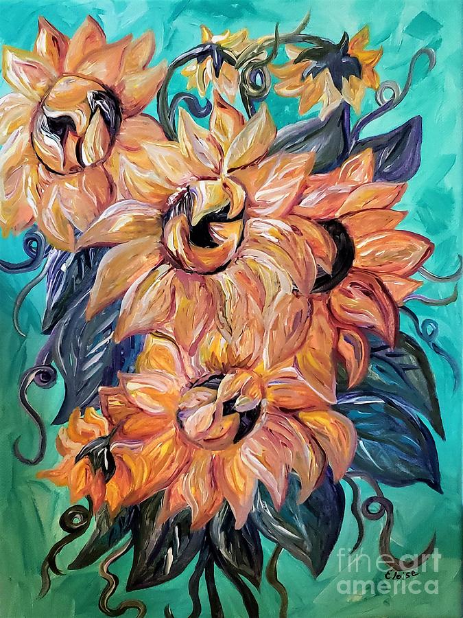 Sunflowers On A Teal And Blue Background Painting By Eloise