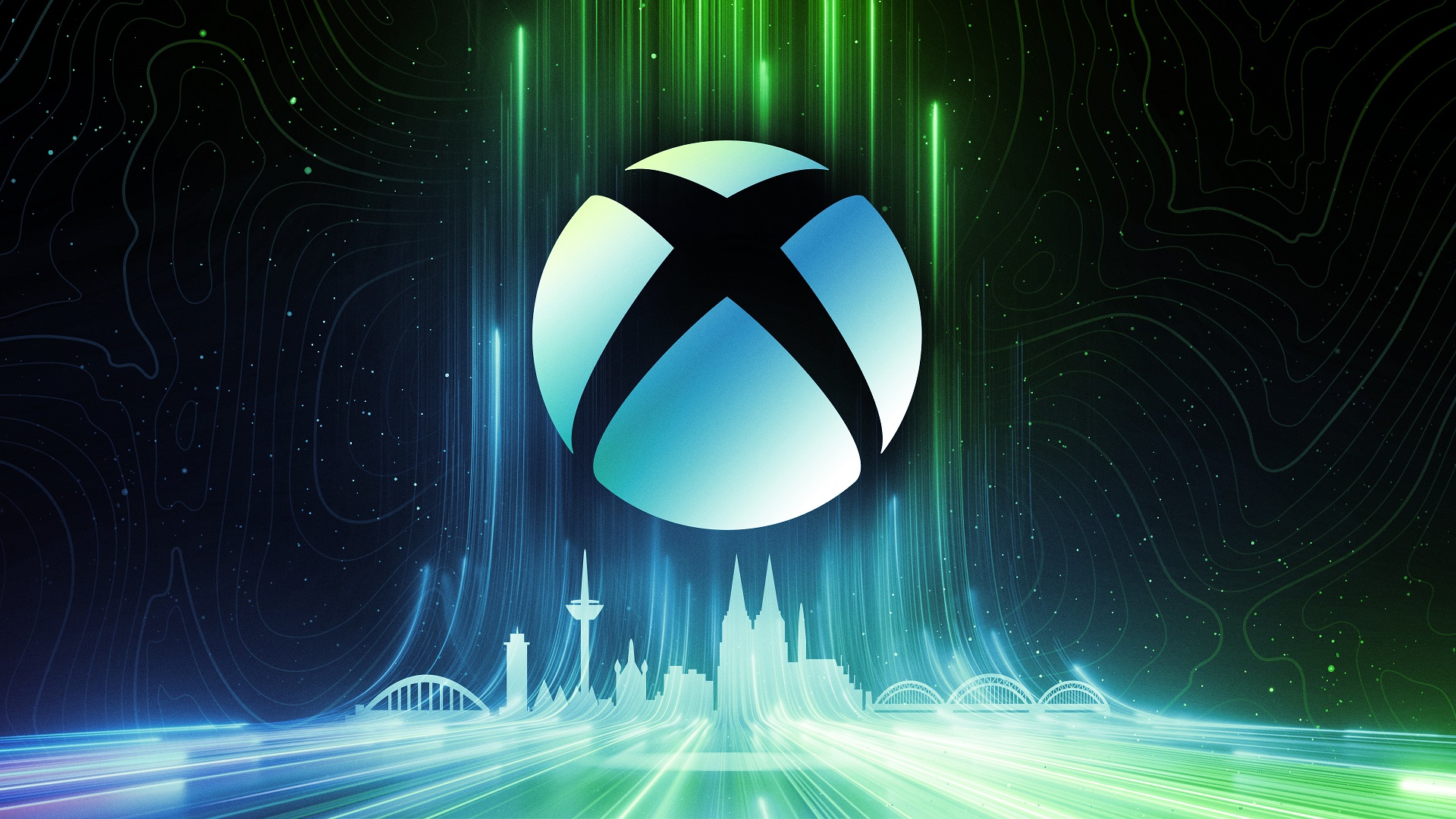 Xbox logo hovering over a futuristic cityscape with green and blue light streaks, perfect for an Xbox wallpaper