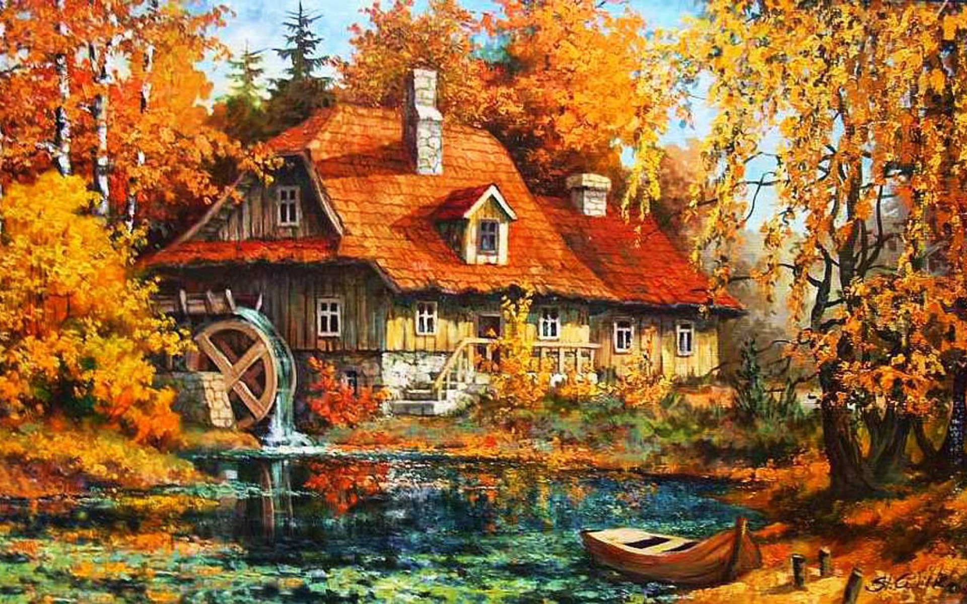 Old Watermill Autumn Forest Wallpaper
