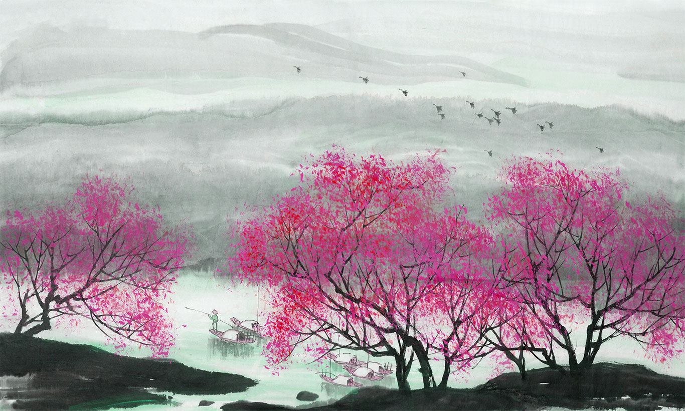 Elegant Japanese Misty River Cherry Blossom Trees Wallpaper