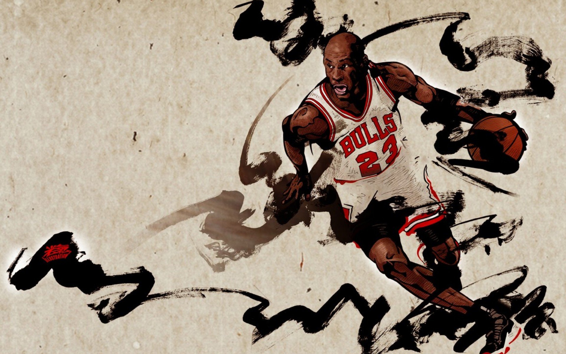 Artistic rendition of Michael Jordan dribbling a basketball in a Chicago Bulls uniform, set against a textured, parchment-like background with dynamic brushstrokes