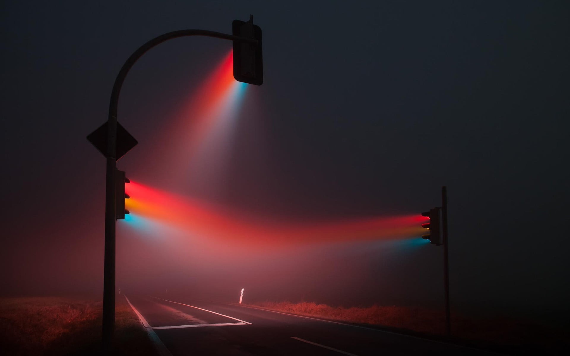 Black Street Light Night Traffic Lights Mist HD Wallpaper