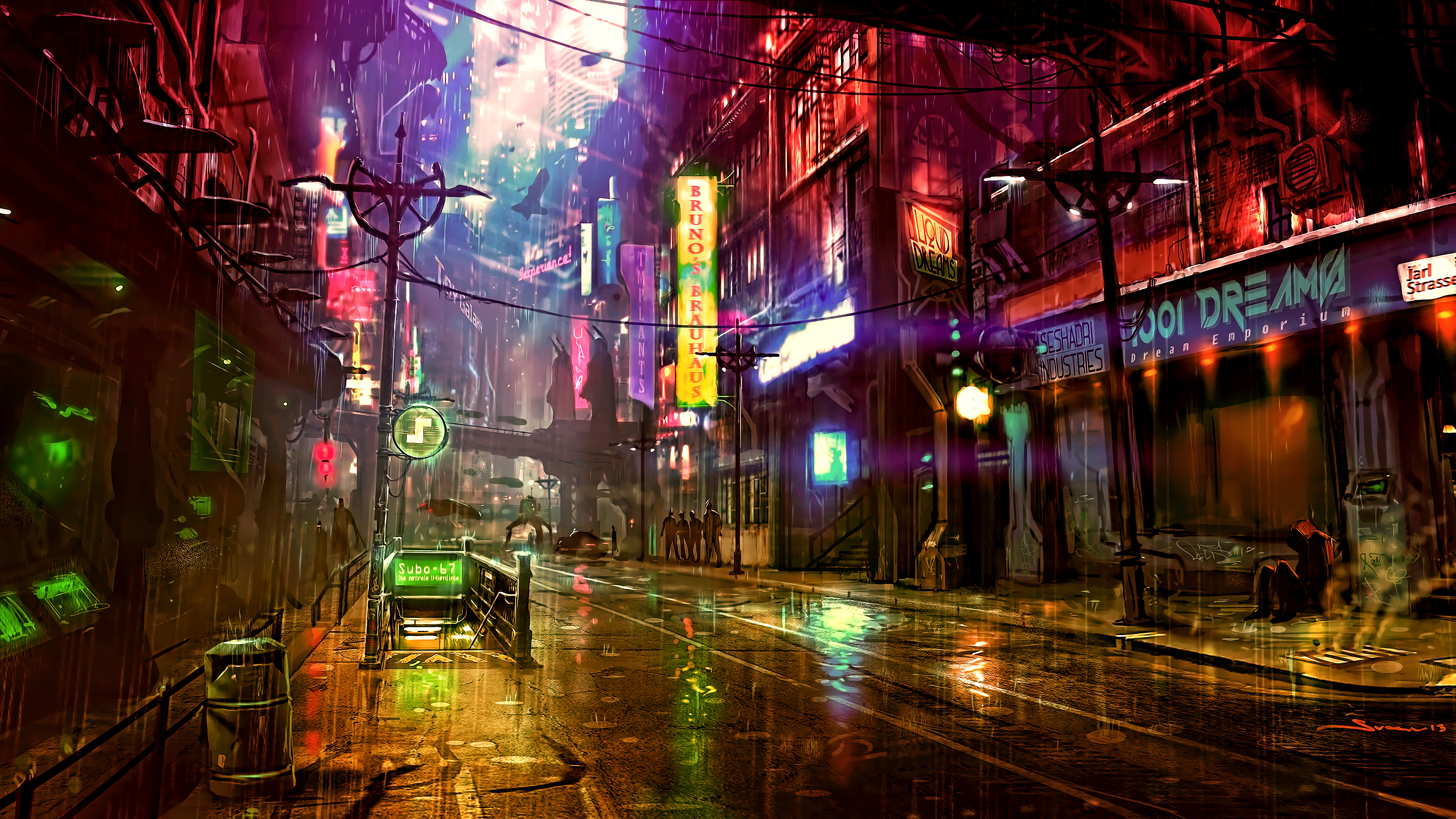 4k art wallpaper of a vibrant, futuristic cityscape at night, glistening with rain. Neon signs illuminate the wet streets, reflecting in puddles, creating a cyberpunk atmosphere