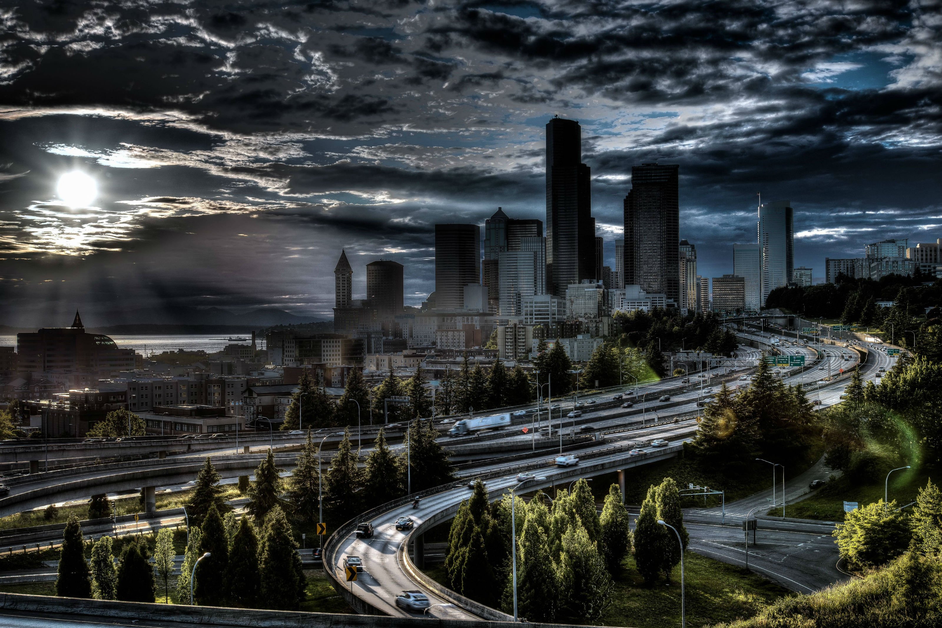 Park Seattle City Sunset HDr Night Clouds Road Skyscraper Wallpaper