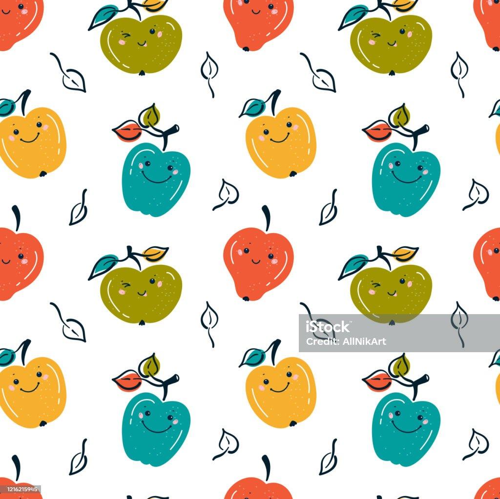 Cute Apple Fruits Colorful Background Seamless Pattern With Kawaii