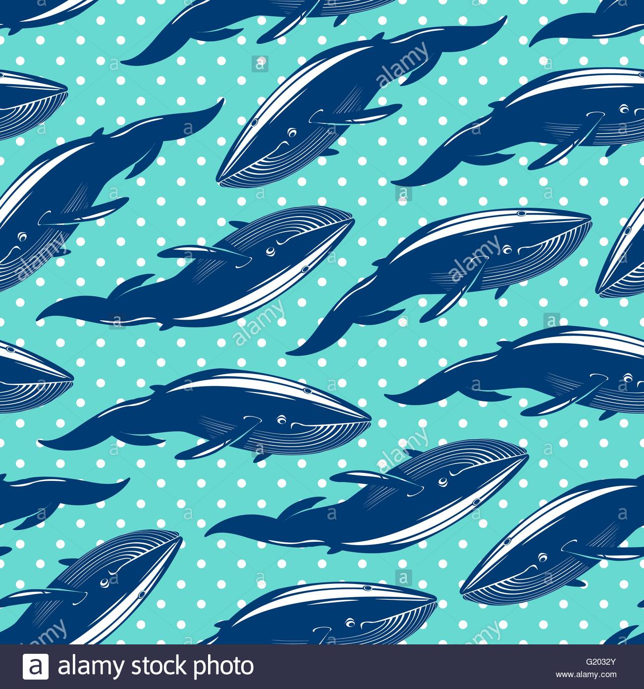 Seamless Pattern With Whales On Blue Dotted Background Stock
