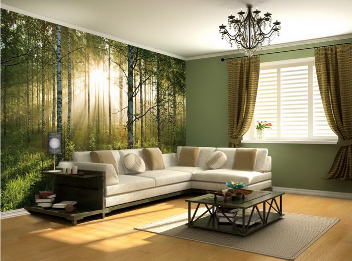 Warm Forest Murals In Jungle Themed Living Room