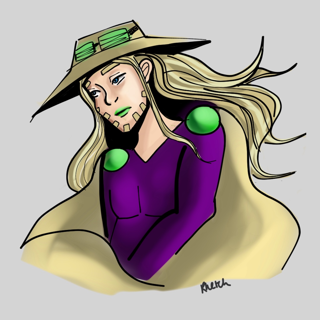 Fan art of Gyro Zeppeli from JoJo's Bizarre Adventure, featuring his iconic hat and green orbs