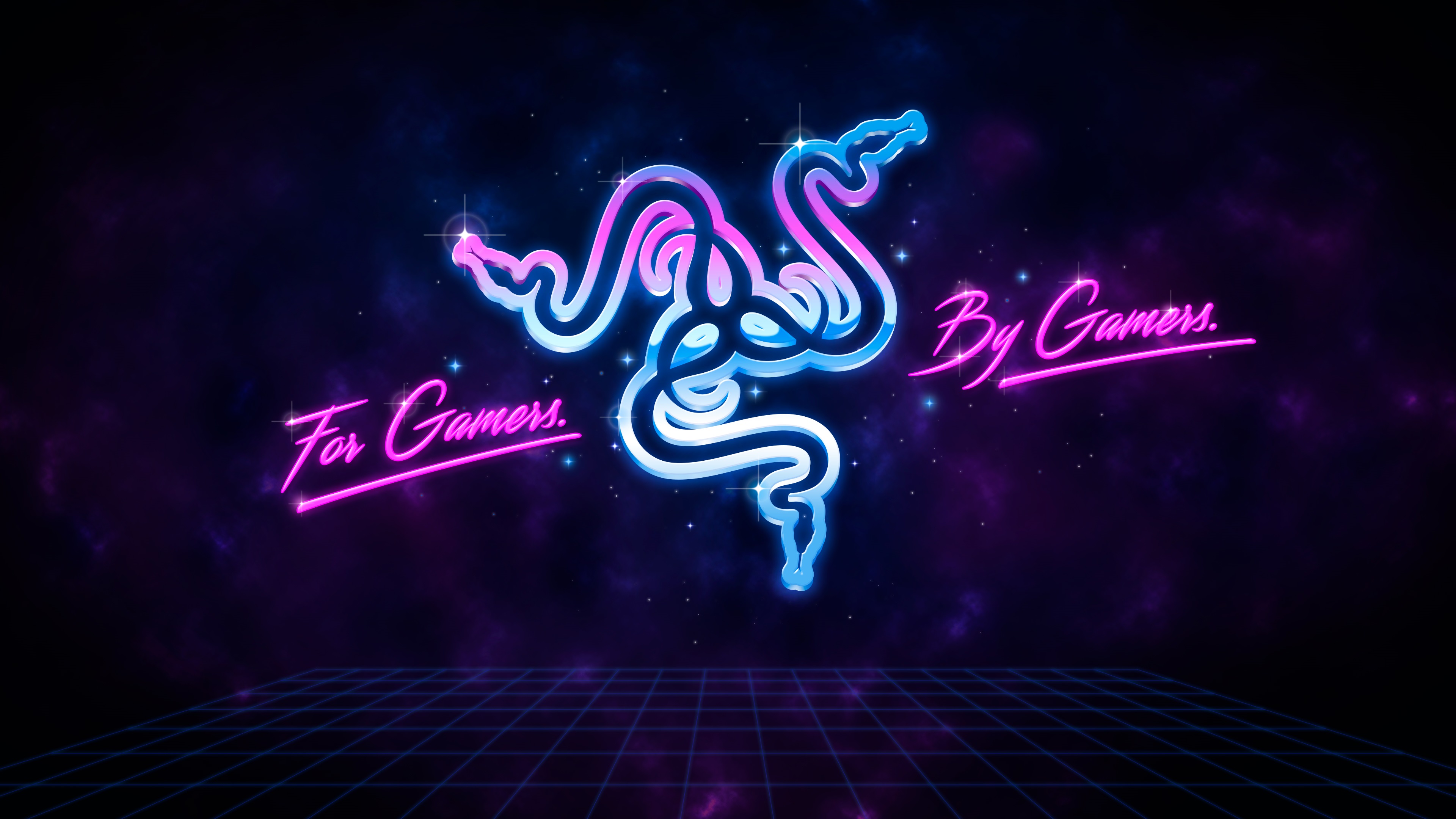 Neon Razer logo on a dark, starry background with a retro grid floor. The text 