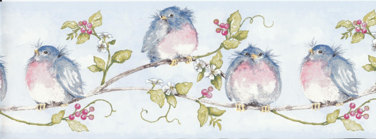 Details About Wallpaper Border Chubby Blue Birds On Vine