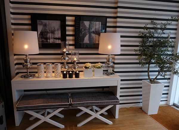Grey Horizontal Stripes Wallpaper Behind Console Table