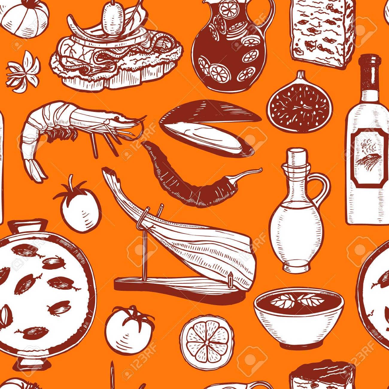 Dark Pattern With Spanish Food Background In Hand Drawn Style