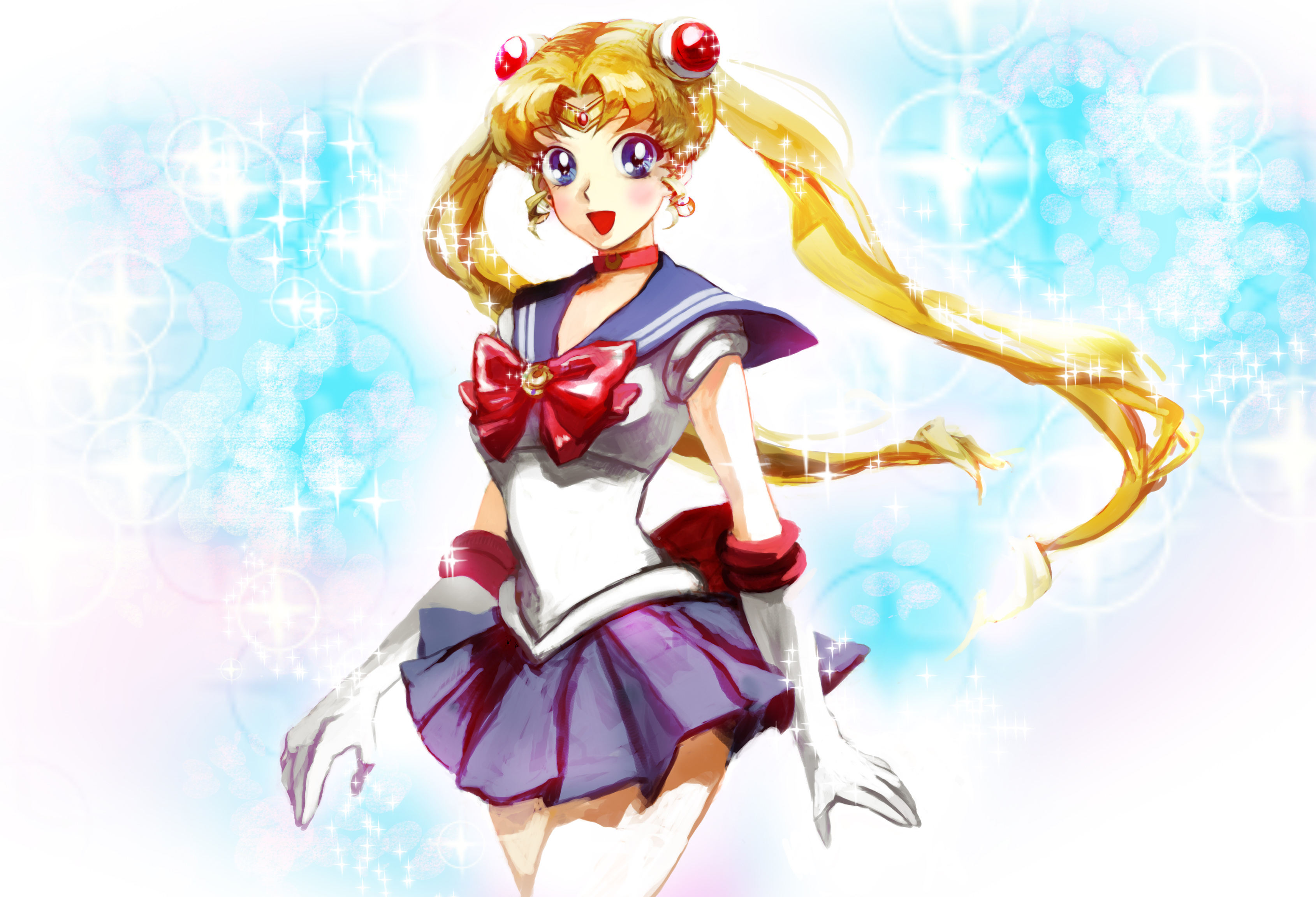 A vibrant illustration of Sailor Moon, the protagonist of the popular anime series. She is depicted in her iconic sailor uniform, with long blonde hair flowing behind her, against a backdrop of sparkling lights