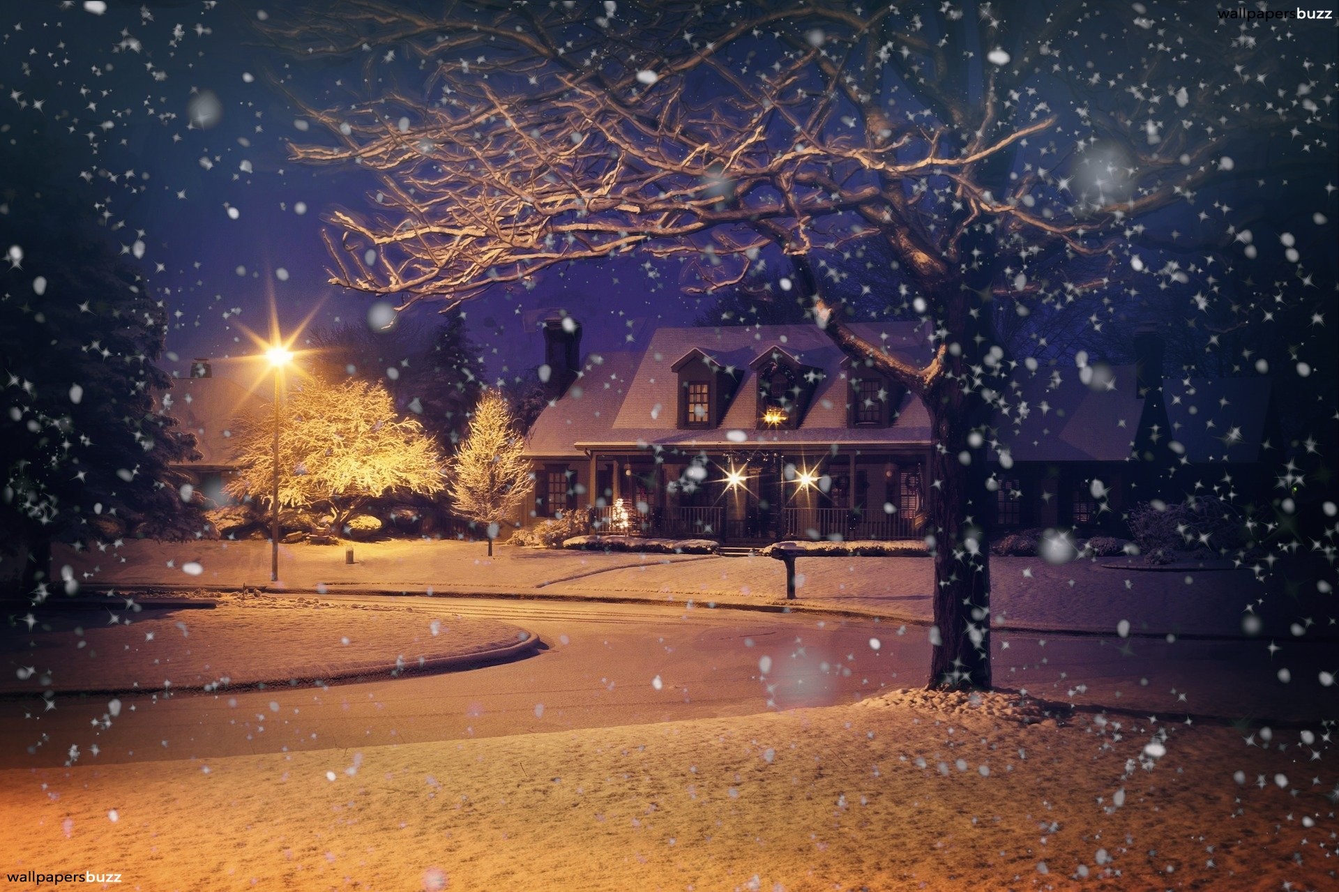 A cozy house covered in snow on a winter night, with warm lights glowing from the windows and a street lamp illuminating the snowy scene