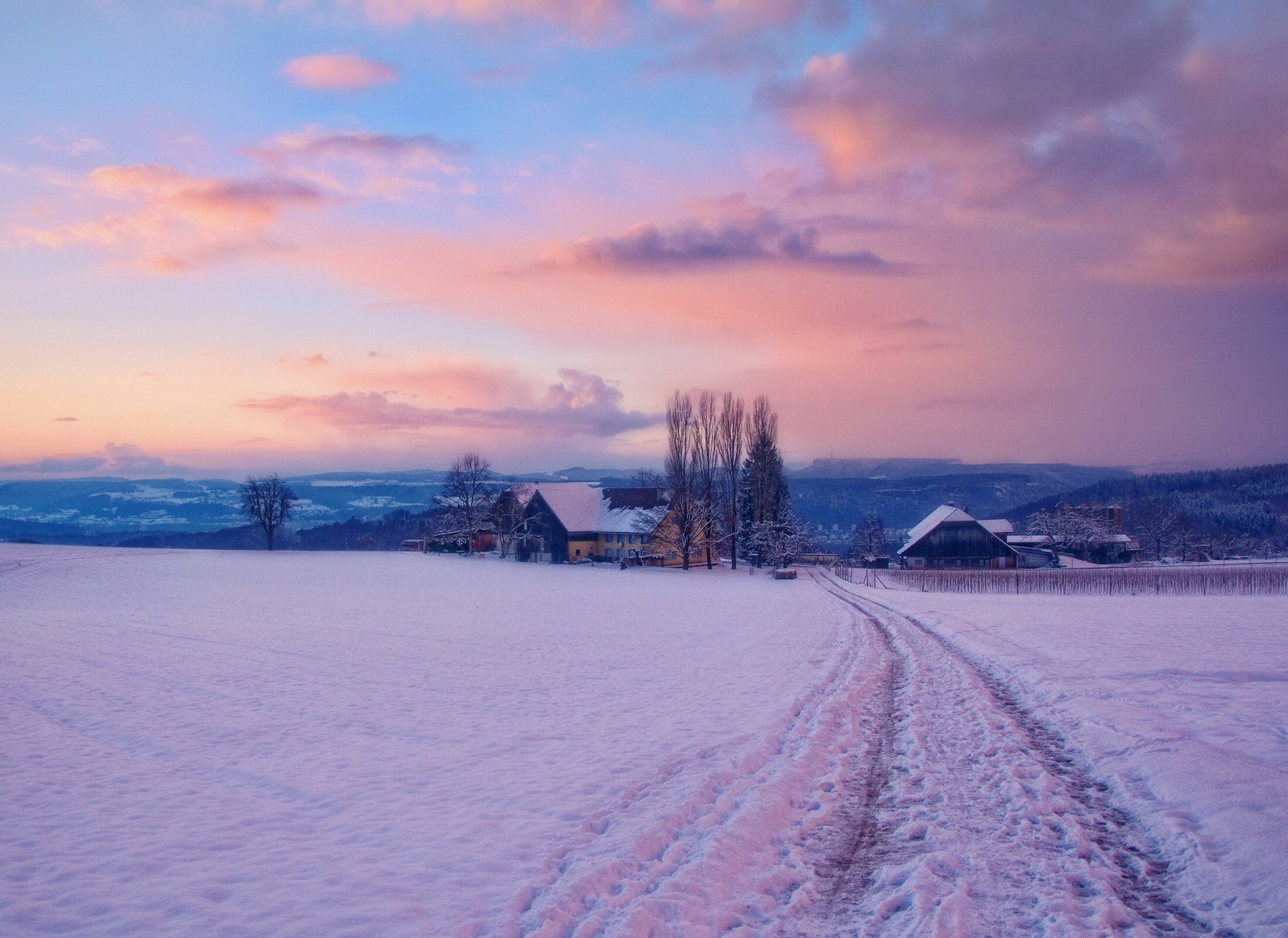 winter snow village dawn farm sunrise wallpaper background
